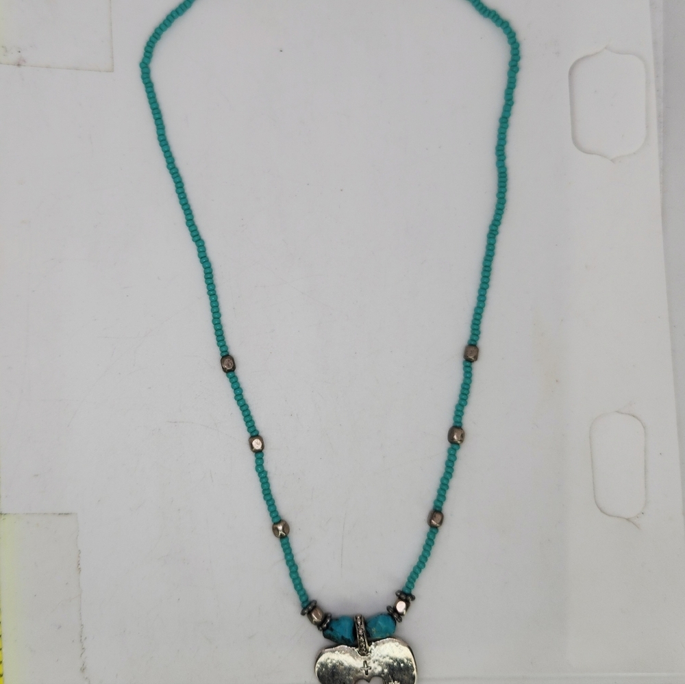 Vintage C Stein Heart W Stamped Cross Pendant Turquoise Bead Necklace Southwest - Picture 6 of 6